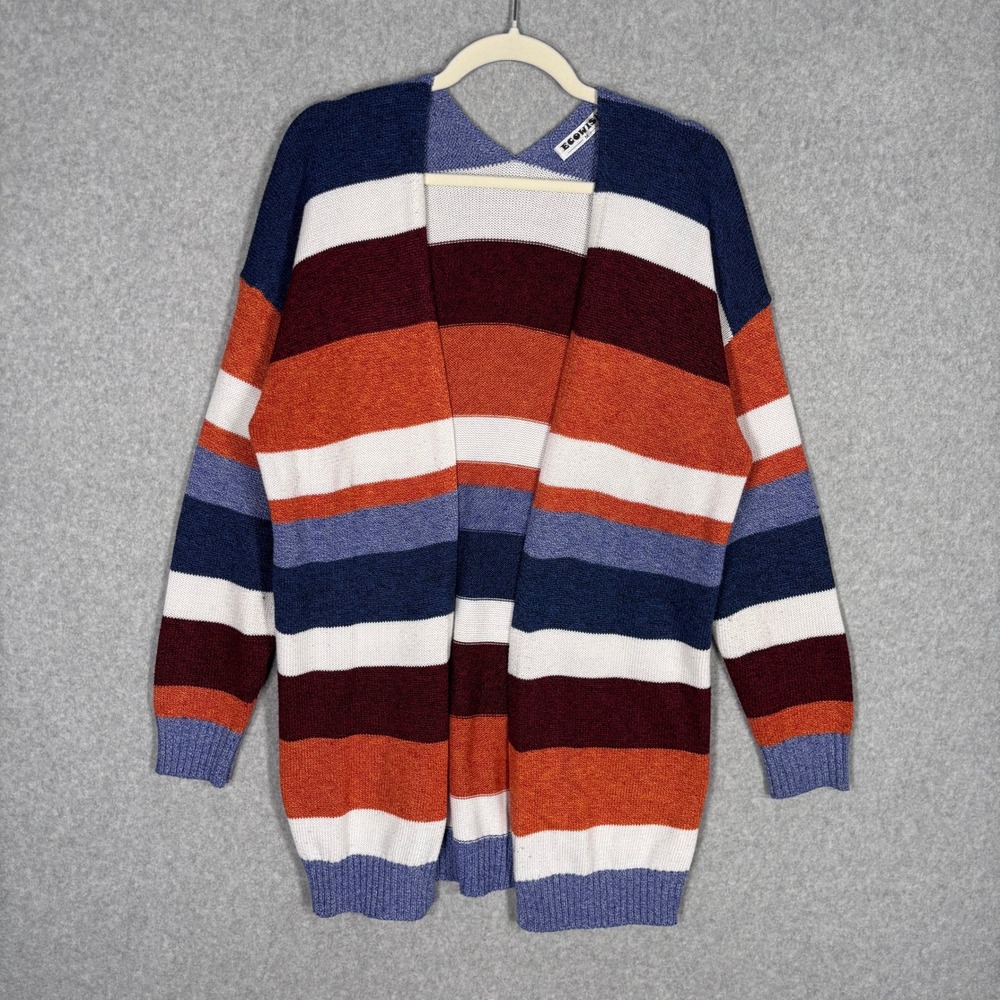 ECOWISH Cardigan Sweater Medium Multicolor Striped Open Front Knit Cozy Comfy